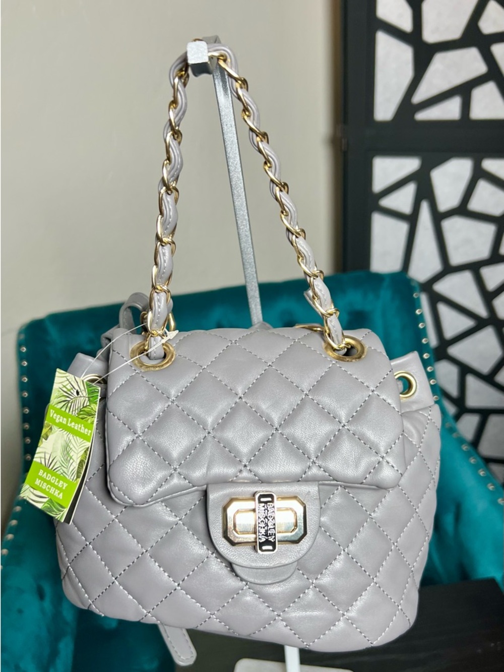 Badgley Mischka Quilted Light Gray Vegan Leather Backpack Bag w/ Chain Strap NWT